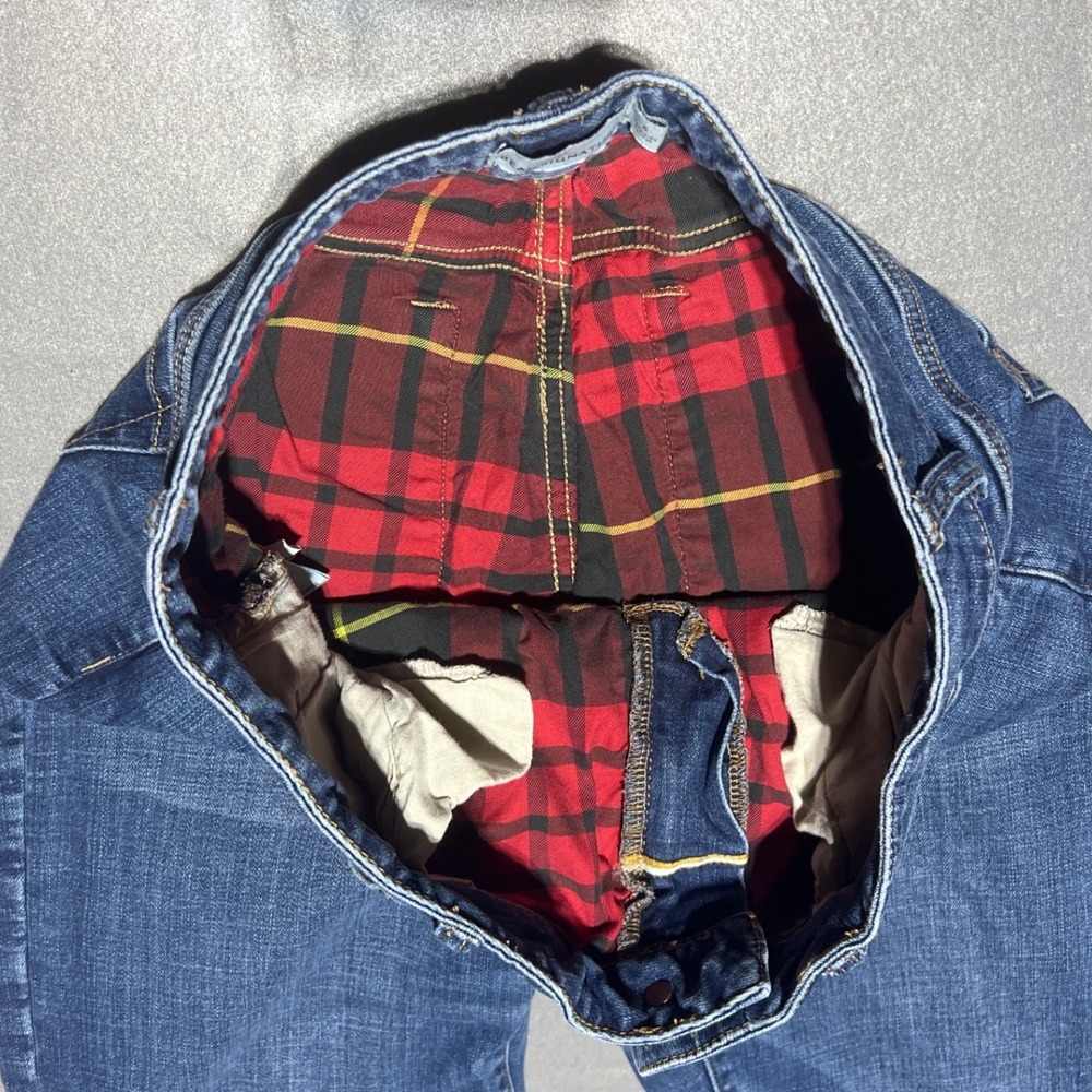 LL Bean Signature Modern Straight Leg Flannel Lined Jeans Blue Plaid Cuff 6 - Picture 6 of 14
